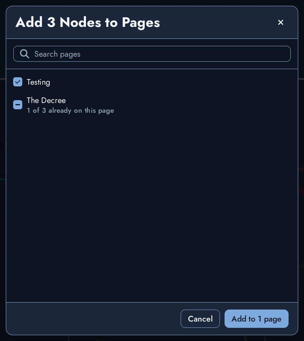 The Add Nodes to Pages window with one Page selected