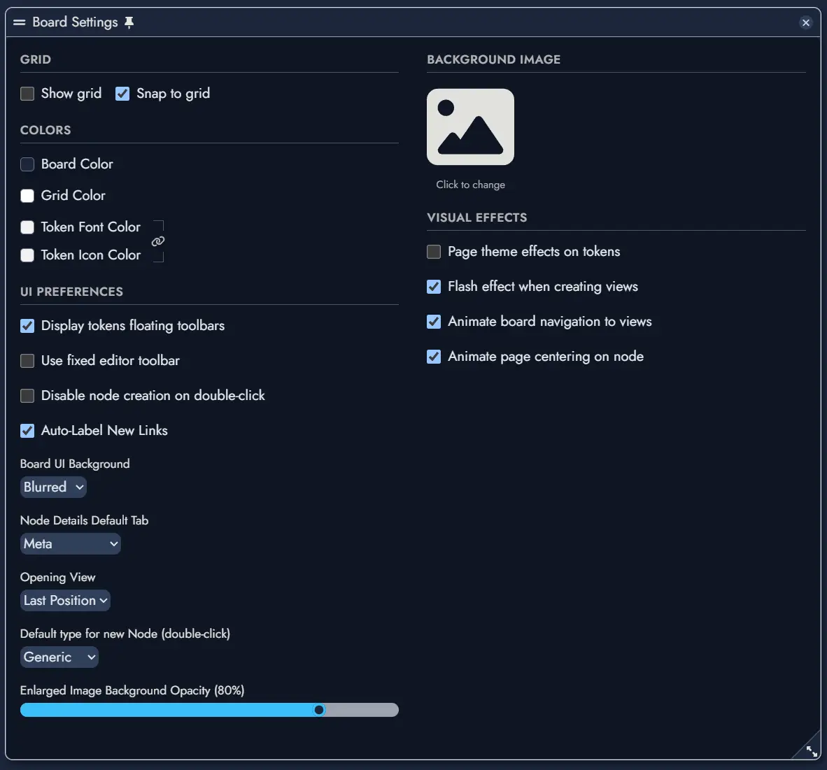 Board Settings panel showing grid, color, interface, background image, and visual effect options