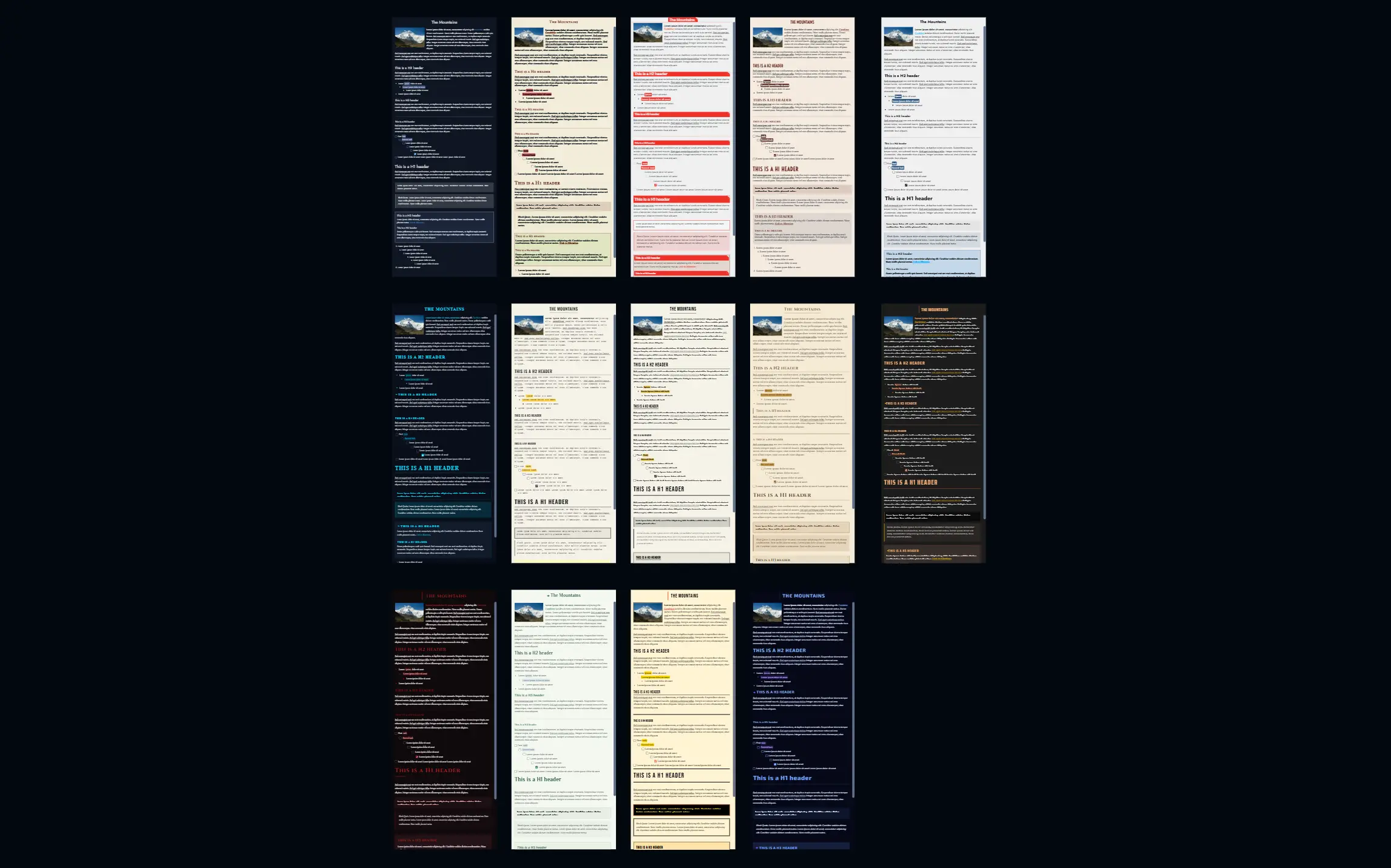 Showcase of different Themes applied to Content Card Tokens