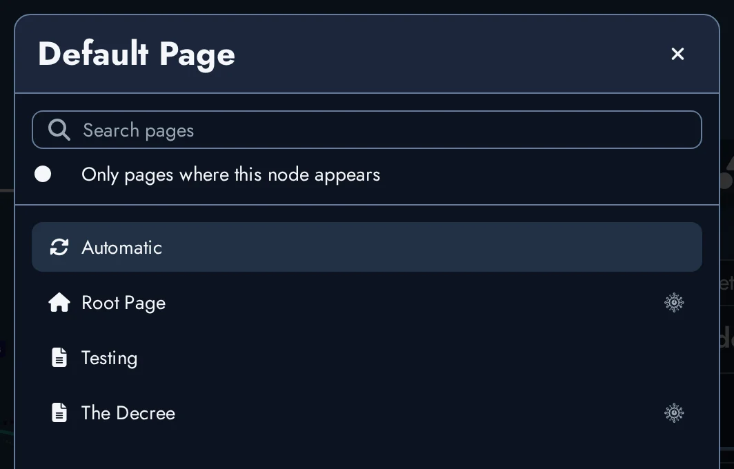 The Default Page picker listing the Pages of the Module