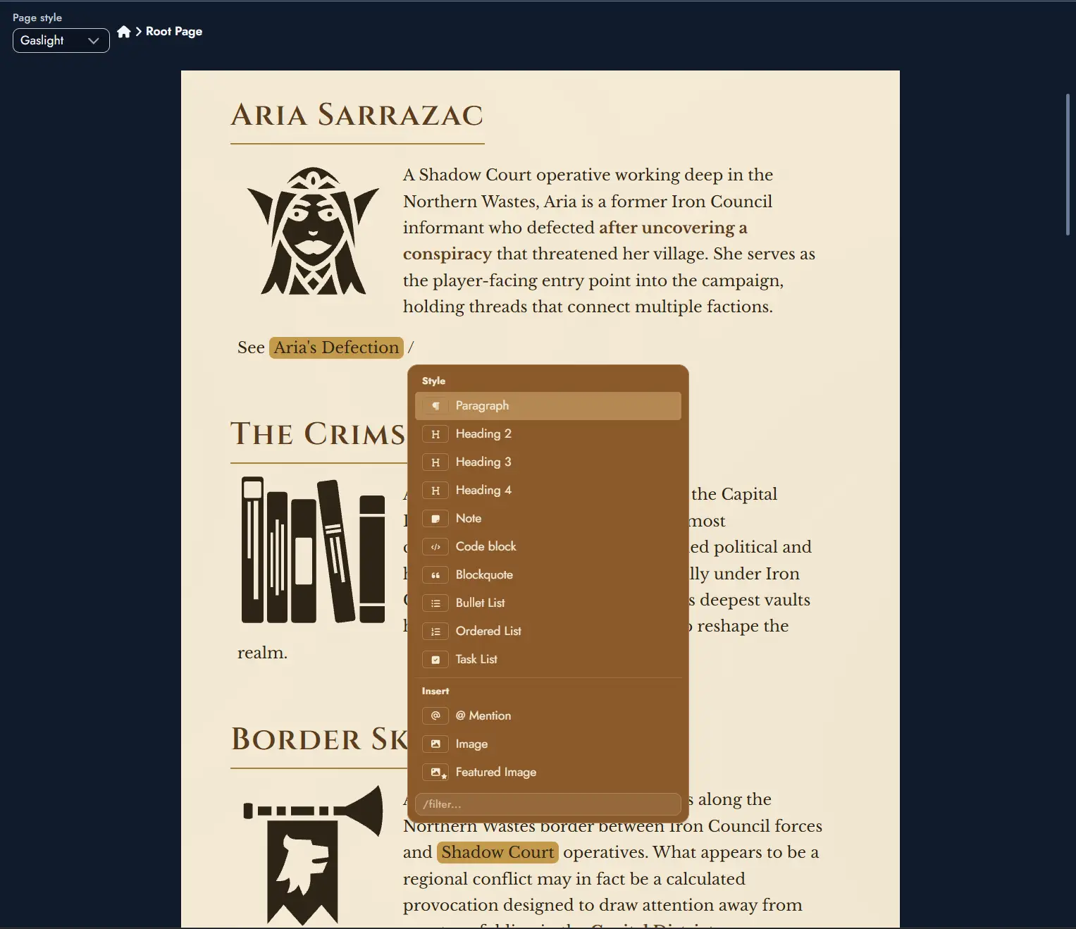The slash command menu opened in the middle of a paragraph