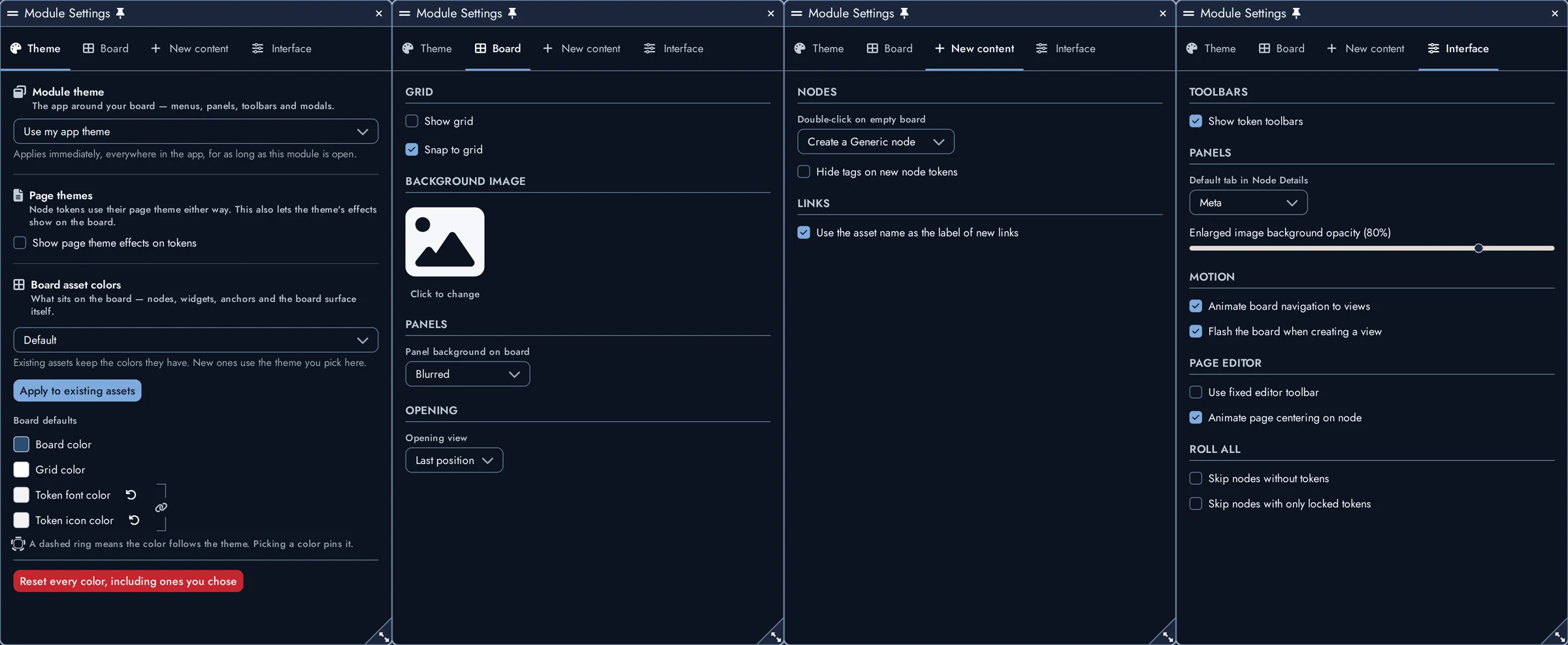 The four tabs of the Module Settings panel: Theme, Board, New content and Interface