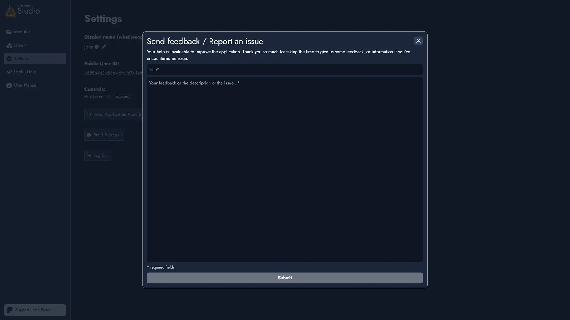 Screenshot of feedback form